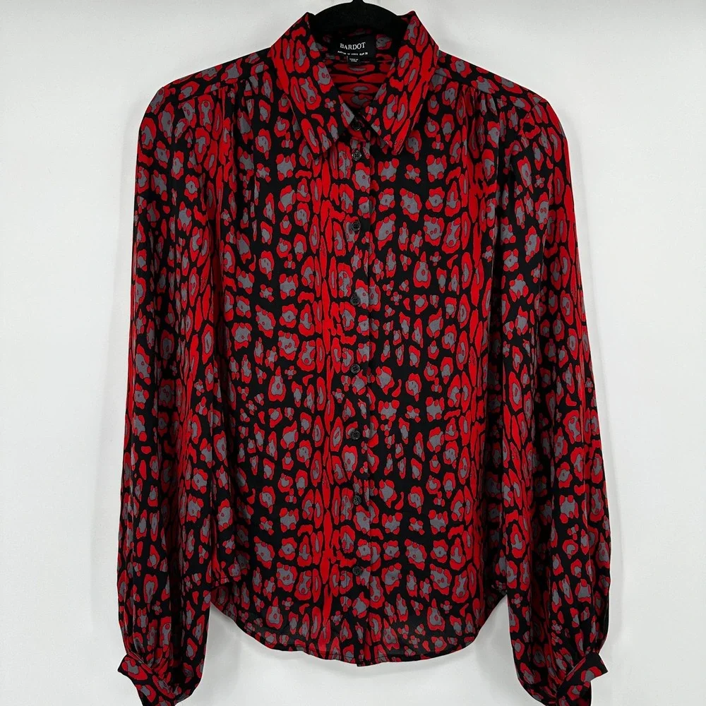 Bardot Womens Red‎ Leopard Print Button Down Blouse Long Sleeve Collared Top S 6